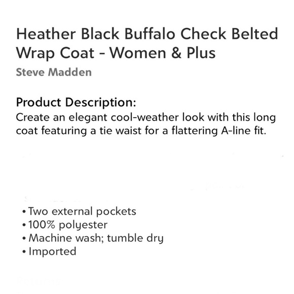 NEW Steve Madden Black & White Plaid Buffalo Check Wrap Coat Belted Plus Size 1X - Picture 5 of 5